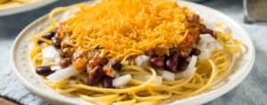 Cincinnati Chili - Chili on top of Spaghetti Noodles in a Bowl