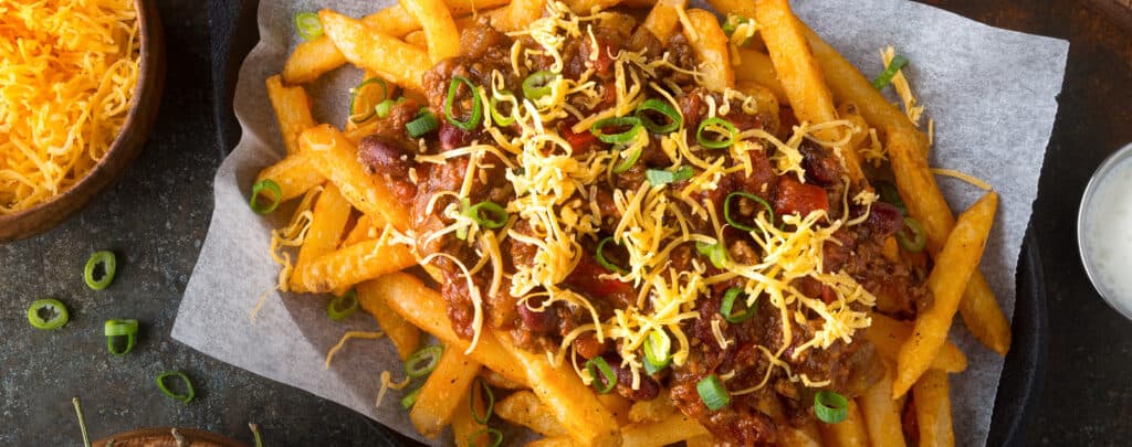 Chili Cheese Fries with Green Onions, Shredded Cheese
