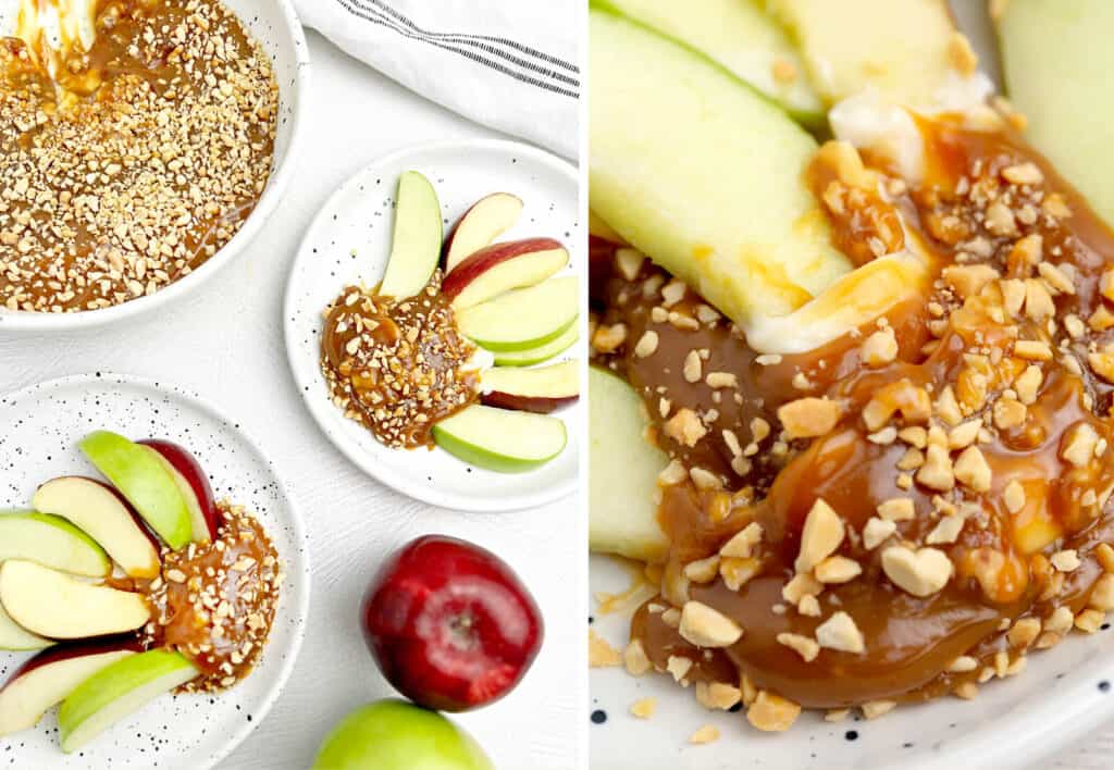Caramel Apple Dip on Serving Plates with Apple Slices