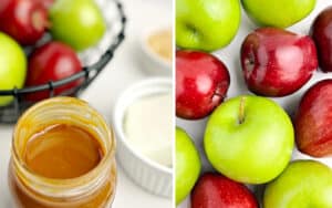 Green and Red Apples Close Up with Caramel and Cream Cheese