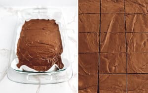 Chocolate Fudge in Pan (left) Cut Fudge (right)