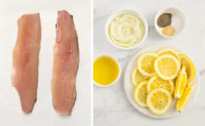 Uncooked Trout Fillets (left) Sliced Lemon, Onion, Oil, and Seasoning (right)
