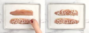 Adding Sliced Onion on Top of Trout Fillets on Baking Sheet with Parchment Paper