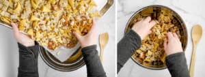 Breaking Apart Snack Mix and Adding to Metal Bowl