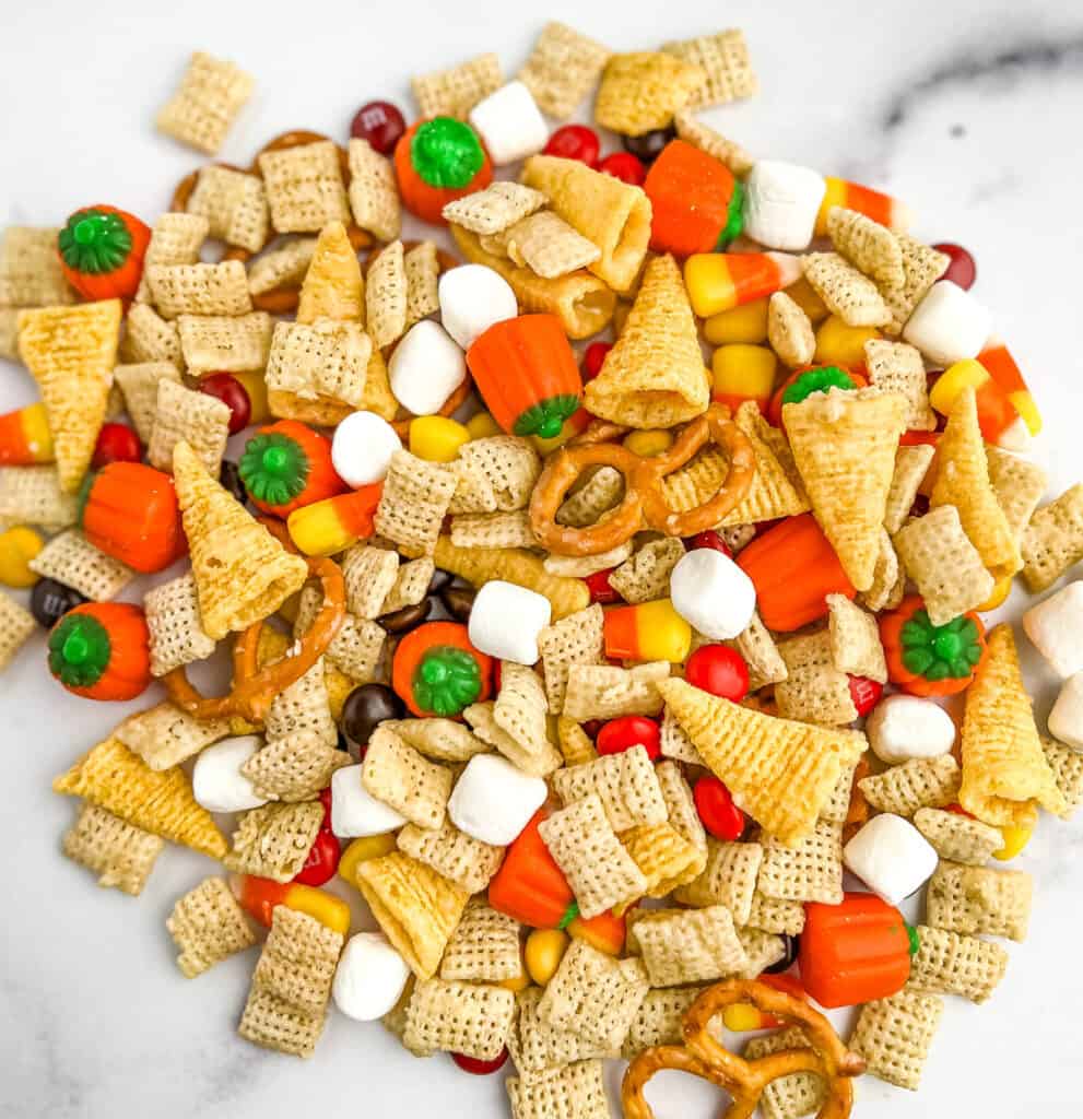 Fall Snack Mix on White Marble Surface