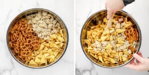 Chex Pretzels and Bugles Mixed in Metal Bowl with Wooden Spoon
