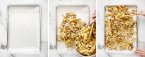 Adding Snack Mix to Baking Sheet Covered in Wax Paper