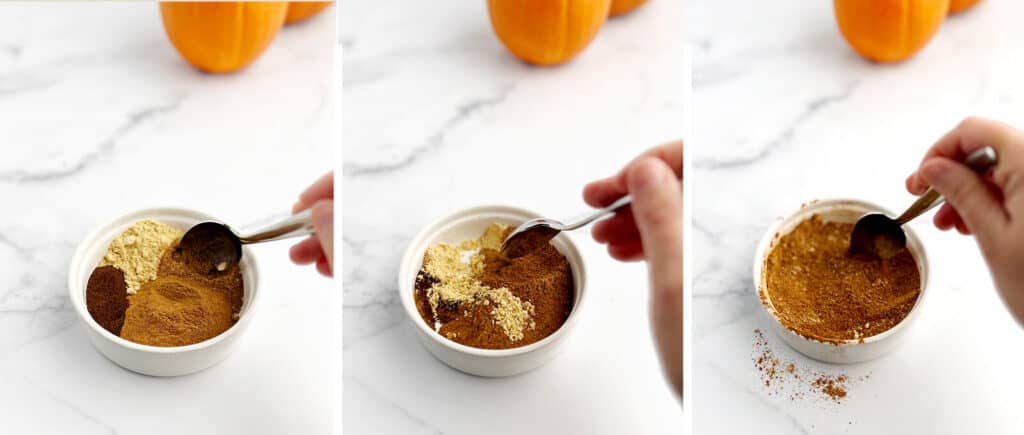 Mixing Spices for Pumpkin Spice in White Bowl with Pumpkins in Background