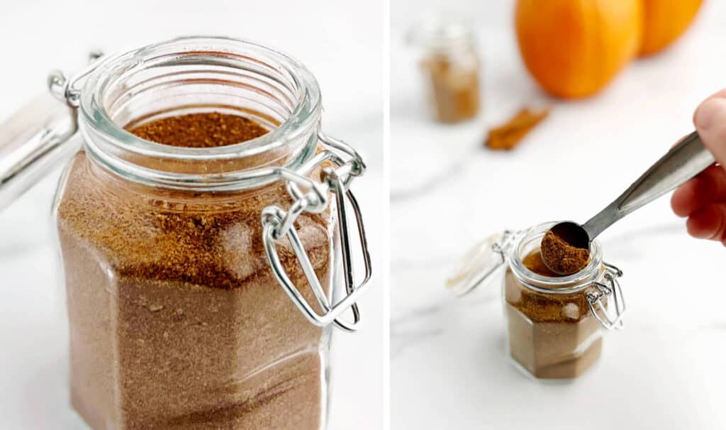 Homemade Pumpkin Spice in Jar (left) Pumpkin Spice with Measuring Spoon (right)