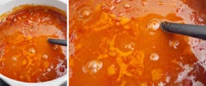 Simmering Pot of Chili (left) Bubbling Chili (right)