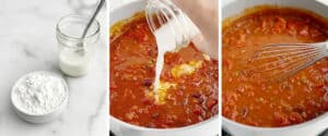 Corn Starch and Corn Starch Slurry (left) Adding Corn Starch Slurry to Chili (right)