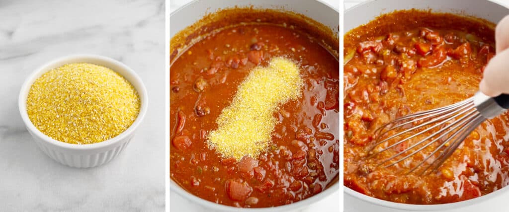 Polenta in White Bowl (left) Adding Polenta to Pot of Chili (middle and right)