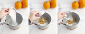 Adding Sugars and Water to Saucepan with Pumpkins in Background