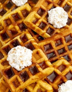Pumpkin Spice Waffles with Whipped Cream, Syrup, and Spices