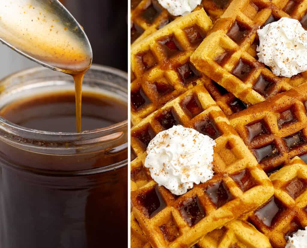 Pumpkin Spice Syrup (left) Pumpkin Waffles Stacked with Toppings (right)