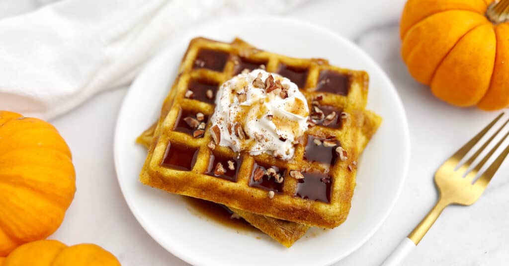 Pumpkin Waffles with Syrup, Whipped Cream, Pumpkin Spice on a Plate Surrounded by Mini Pumpkins, Fork, and Towel