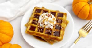 Pumpkin Waffles with Syrup, Whipped Cream, Pumpkin Spice on a Plate Surrounded by Mini Pumpkins, Fork, and Towel