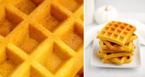 Pumpkin Waffle (left) Pumpkin Waffles Stacked on White Plate (right)
