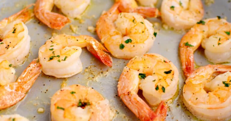 Cooked Shrimp in a Pan with Seasonings and Fresh Parsely