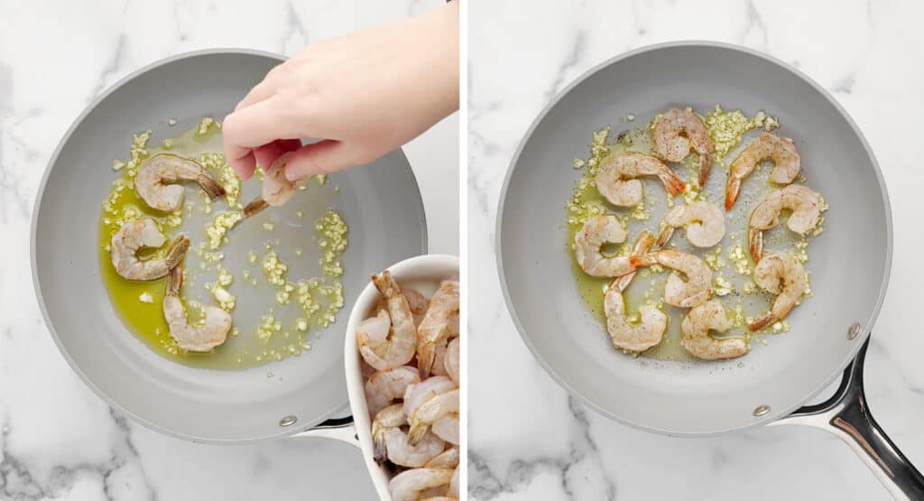 Adding Raw Shrimp to Pan with Garlic and Olive Oil