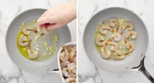 Adding Raw Shrimp to Pan with Garlic and Olive Oil