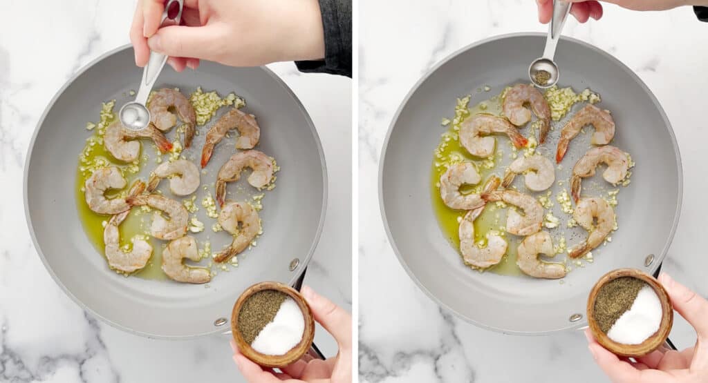 Adding Salt and Pepper to Shrimp, Garlic, and Olive Oil in Pan