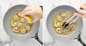 Adding Fresh Lemon Juice to Shrimp in Pan with Olive OIl, Garlic, and Seasonings