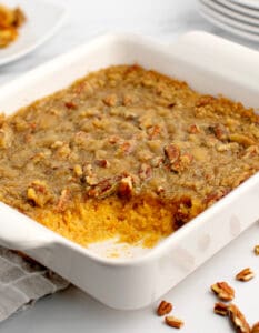 Sweet Potato Casserole in White Baking Dish with Pecans