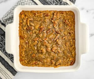 Baked Sweet Potato Casserole in White Baking Dish