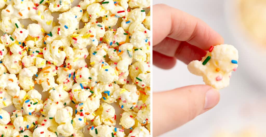 White Chocolate Puffcorn with Sprinkles Closeup