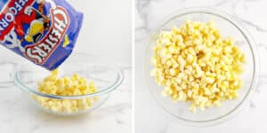 Adding Butter Flavor Puffcorn to Glass Bowl on White Counter