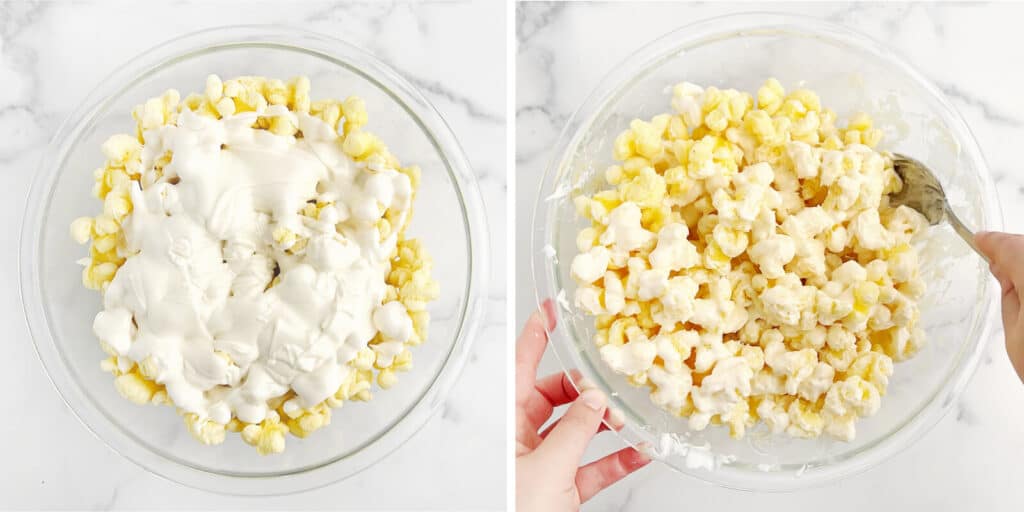 Adding Melted Almond Bark to Puffcorn in Glass Mixing Bowl