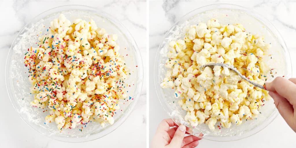 Adding Sprinkles to White Chocolate Puffcorn in Glass Bowl