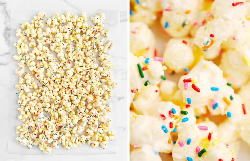 Spreading White Chocolate Puffcorn on Parchment Paper