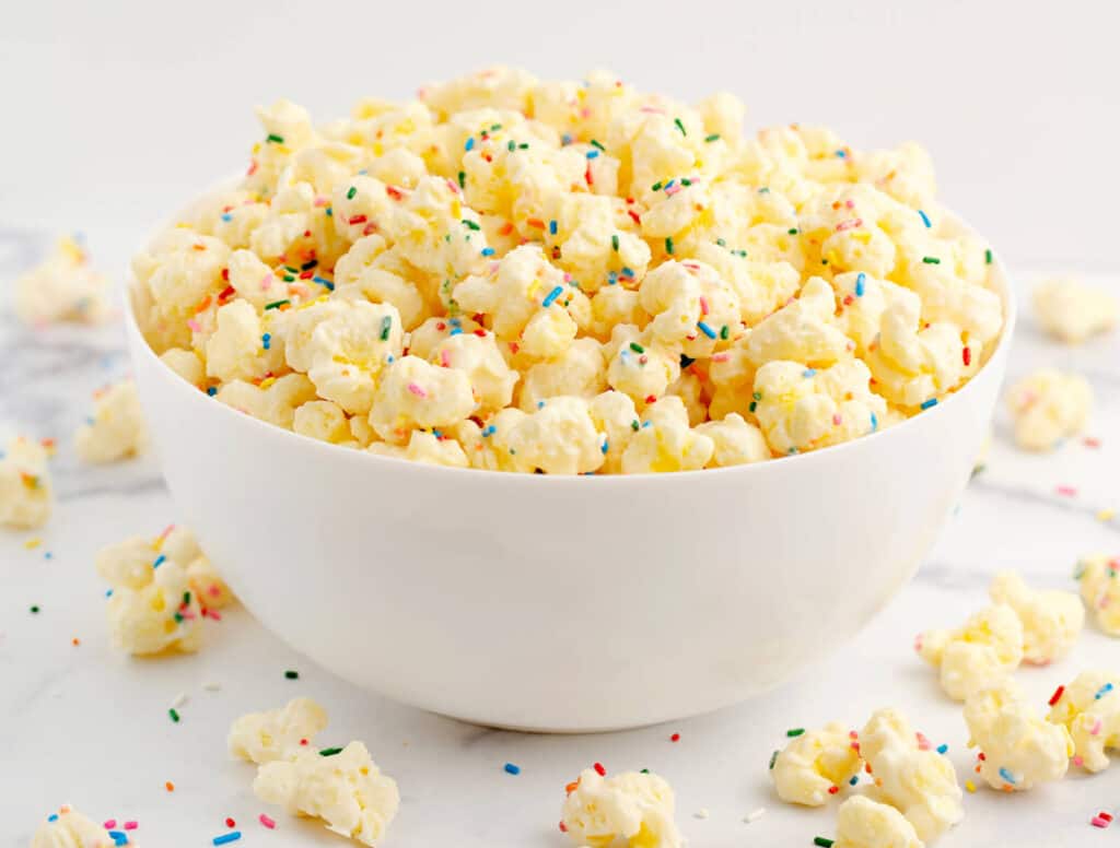 Large Bowl of Rainbow Sprinkle Covered White chocolate Popcorn