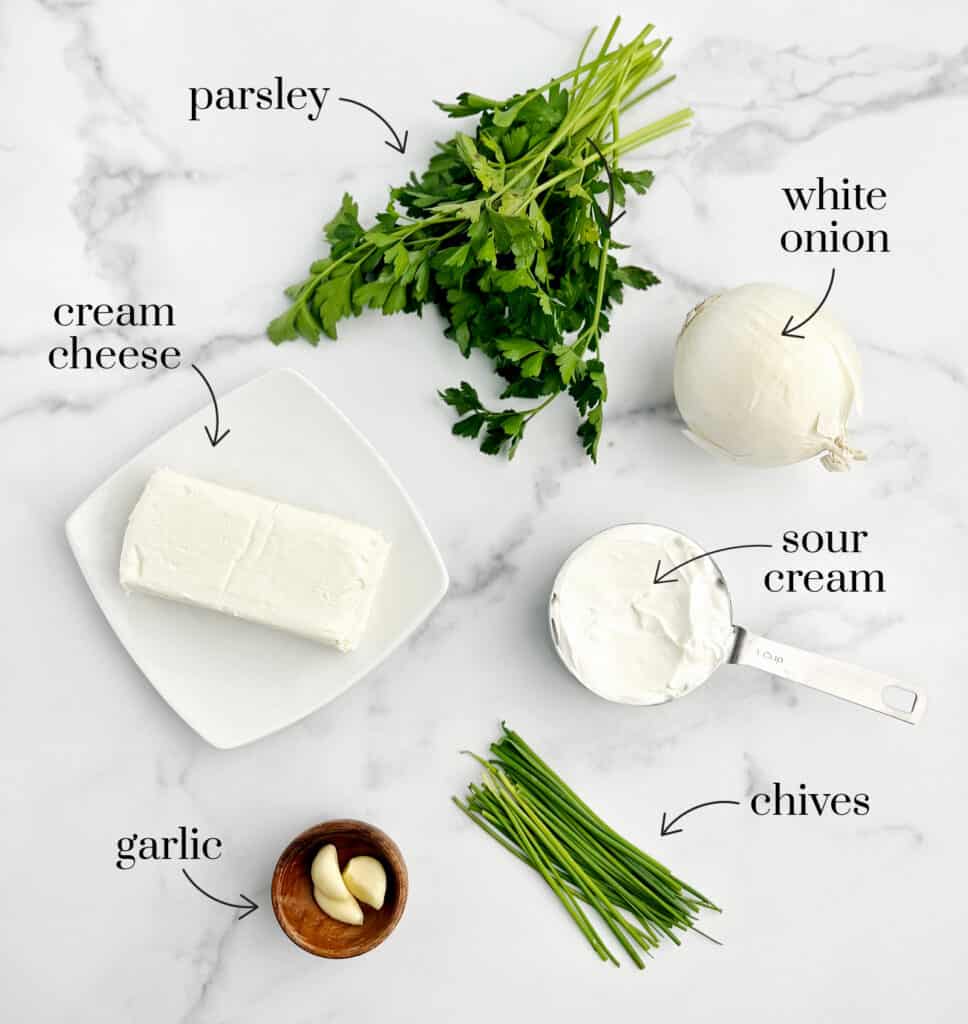 Ingredients for Green Goddess Dip - Parsley, Onion, Garlic, Chives, Sour Cream, Cream Cheese