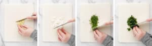 Chopping Herbs, Onions, and Garlic on White Cutting Board