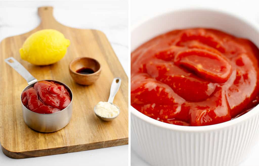 Cocktail Sauce Ingredients (left) Finished Sauce Closeup in Bowl (right)