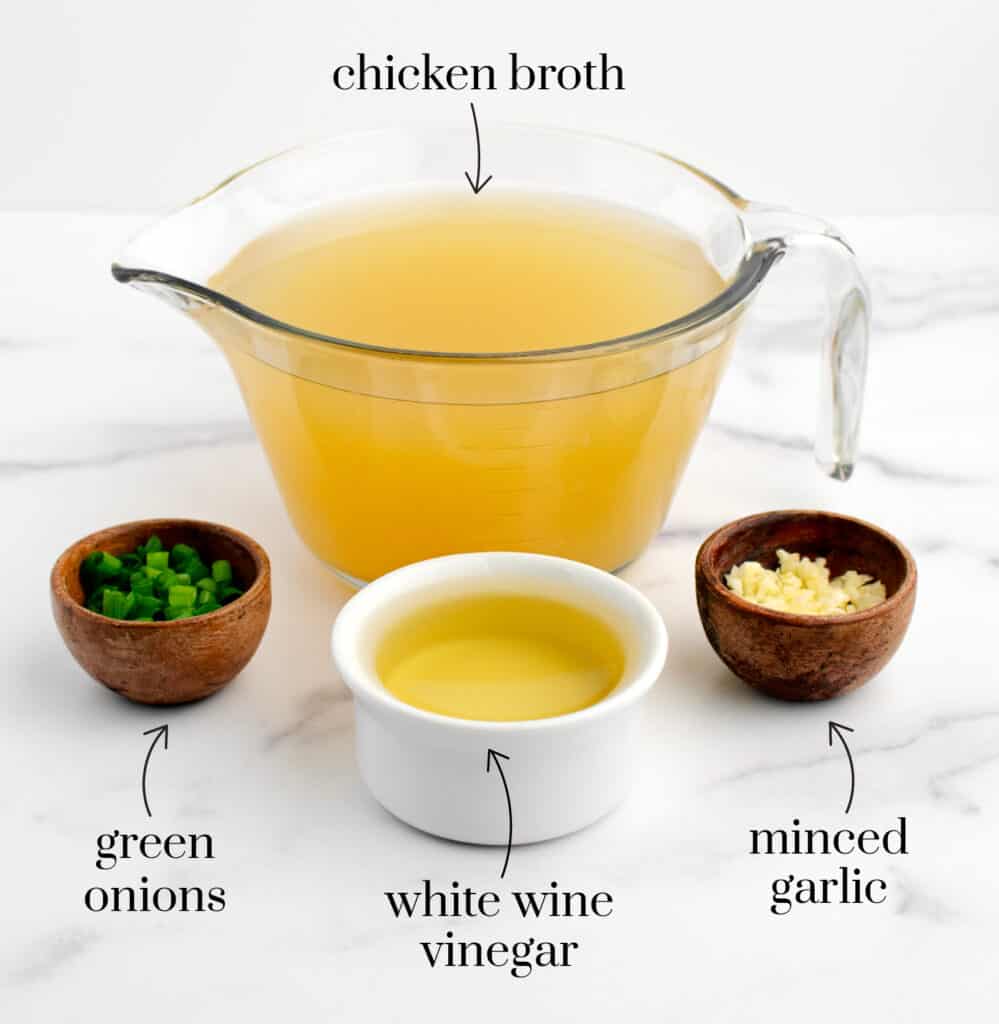 Chicken Broth, Garlic, White Wine Vinegar, and Green Onions on White Marble Surface