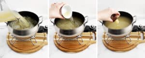 Adding Chicken Broth, White Wine Vinegar, Minced Garlic to Fondue Pot