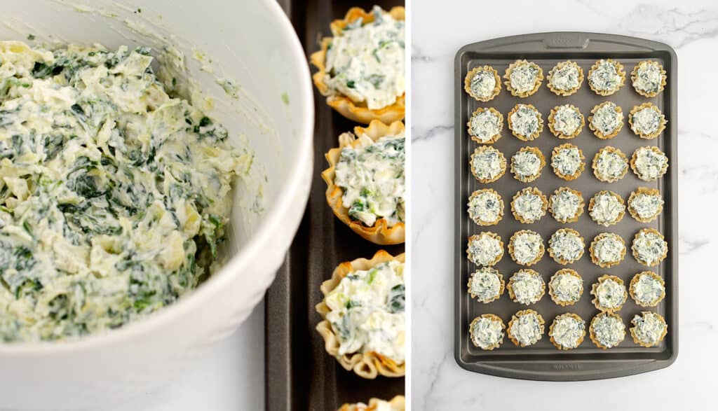 Spinach Artichoke Filling (left) Filled Phyllo Cups (right)