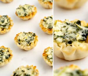 Spinach Dip Phyllo Cups (left) Closeup (right)