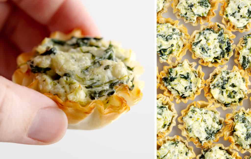 Spinach Artichoke Cups Closeup (left) Stacked (right)