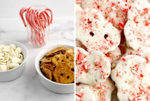 White Chocolate Peppermint Pretzel Crisps Ingredients (left) Finished Closeup (right)