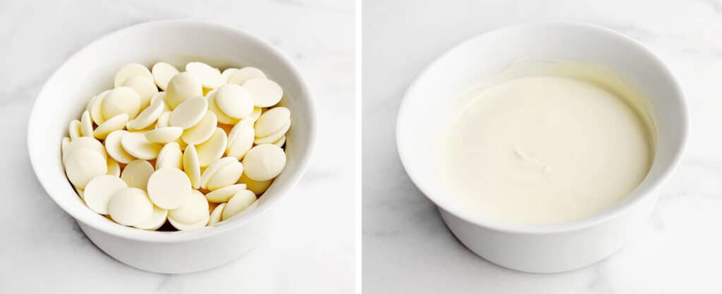 White Chocolate Chips in Bowl (left) Melted White Chocolate in Bowl (right)