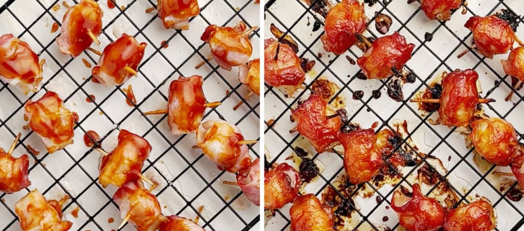 Bacon Wrapped Water Chestnuts Raw (left) Cooked (right)