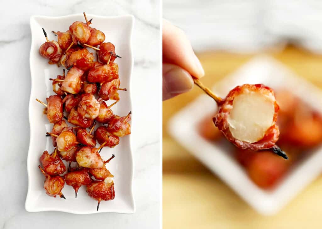 Bacon Wrapped Water Chestnuts on Platter (left) Closeup Showing the Inside (right)