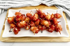 Bacon Wrapped Water Chestnuts on Serving Tray
