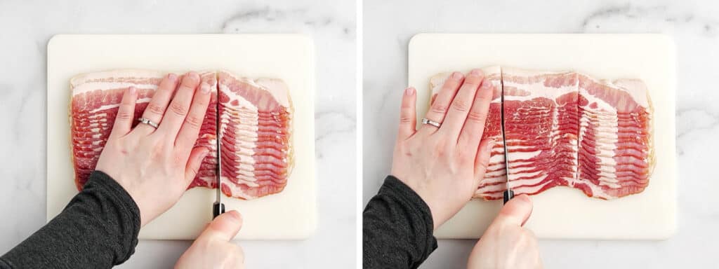 Cutting Bacon Into Thirds on White Cutting Board with Knife