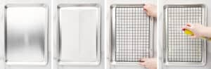 Preparing Baking Sheet with Parchment, Rack, and Spray
